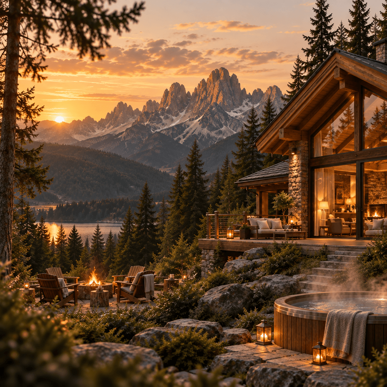 Family sitting around a fire pit in front of cabin